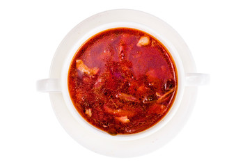 White bowl with vegetable soup isolated on white background