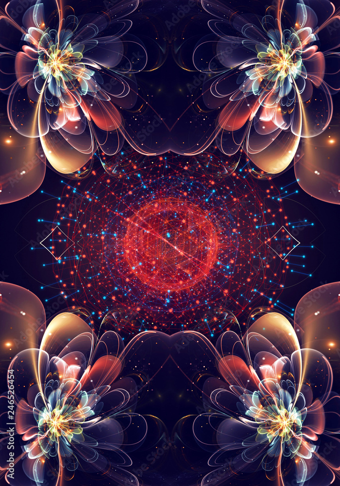 Poster artistic unique black 3d computer generated fractals of an exotic beautiful flowers pattern on a dig