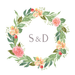 Watercolor florals hand painted with text wreaths frame border, lush flowers aquarelle isolated on white background. Design flowers decor for card, save the date, wedding invitation cards, poster.