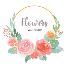 Watercolor florals hand painted with text wreaths frame border, lush flowers aquarelle isolated on white background. Design flowers decor for card, save the date, wedding invitation cards, poster.