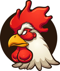 Angry rooster head with dark circular background. Vector clip art illustration with simple gradients. All in a single layer.