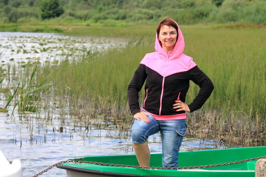 woman on the lake in summer