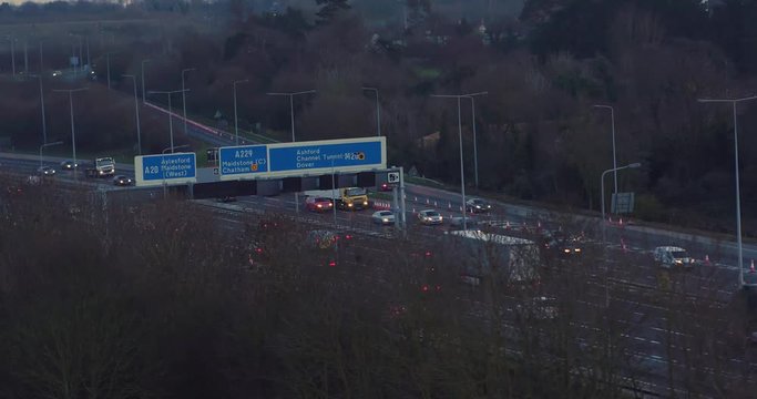 Aerial view of M20 j5 Aylesford, Kent, UK shot during rush hour traffic