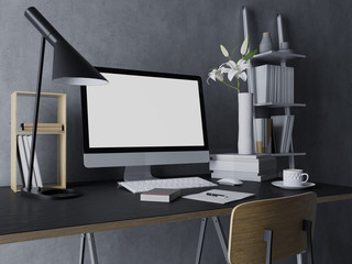3d rendering of mockup template of blank white screen for design and ui presentation on elegant home office workspace with pc in the center on black designer desk in three quarter perspective view