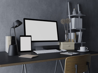 3d rendering of mock up template of blank white screen of desktop and tablet on the left for your web and apps design presentation in black trendy workspace on messy desk in three quarter view