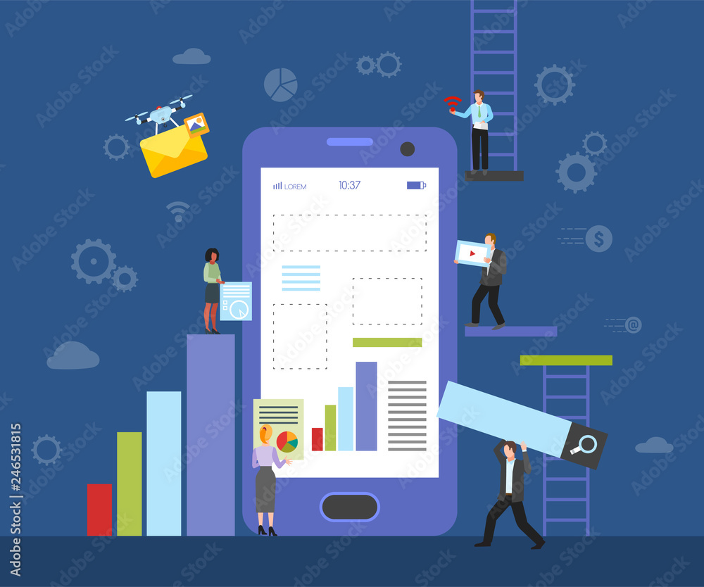 Poster constucting site on mobile phone vector illustration. web site or application constructor banner, po