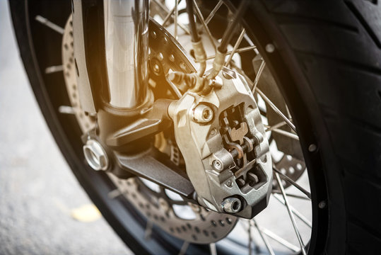 Motorcycle Wheel With ABS Brakes, Selective Focus.