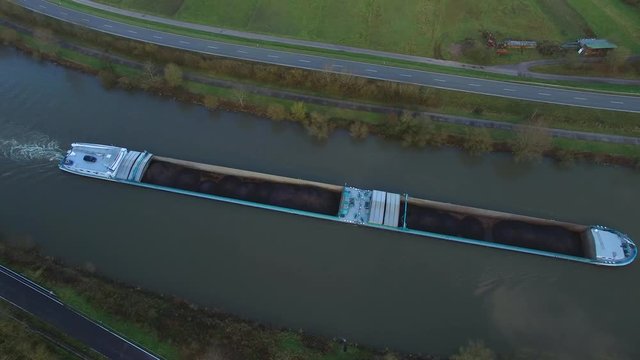 Aerial view of a cargo vessel on Saar River near Serrig, Saar Valley, Rhineland-Palatinate, Germany, Europe