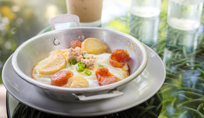 Breakfast with panned egg at the coffee shop on a very rare holiday.