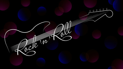 Music background. Guitar and inscription rock and roll on black futuristic background. Design invitations to party, disco, music banner, flyer, cover, wallpaper. Vector illustration.