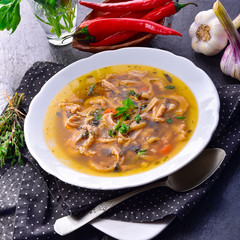 Traditional tripe soup in polish style with beef and vegetables