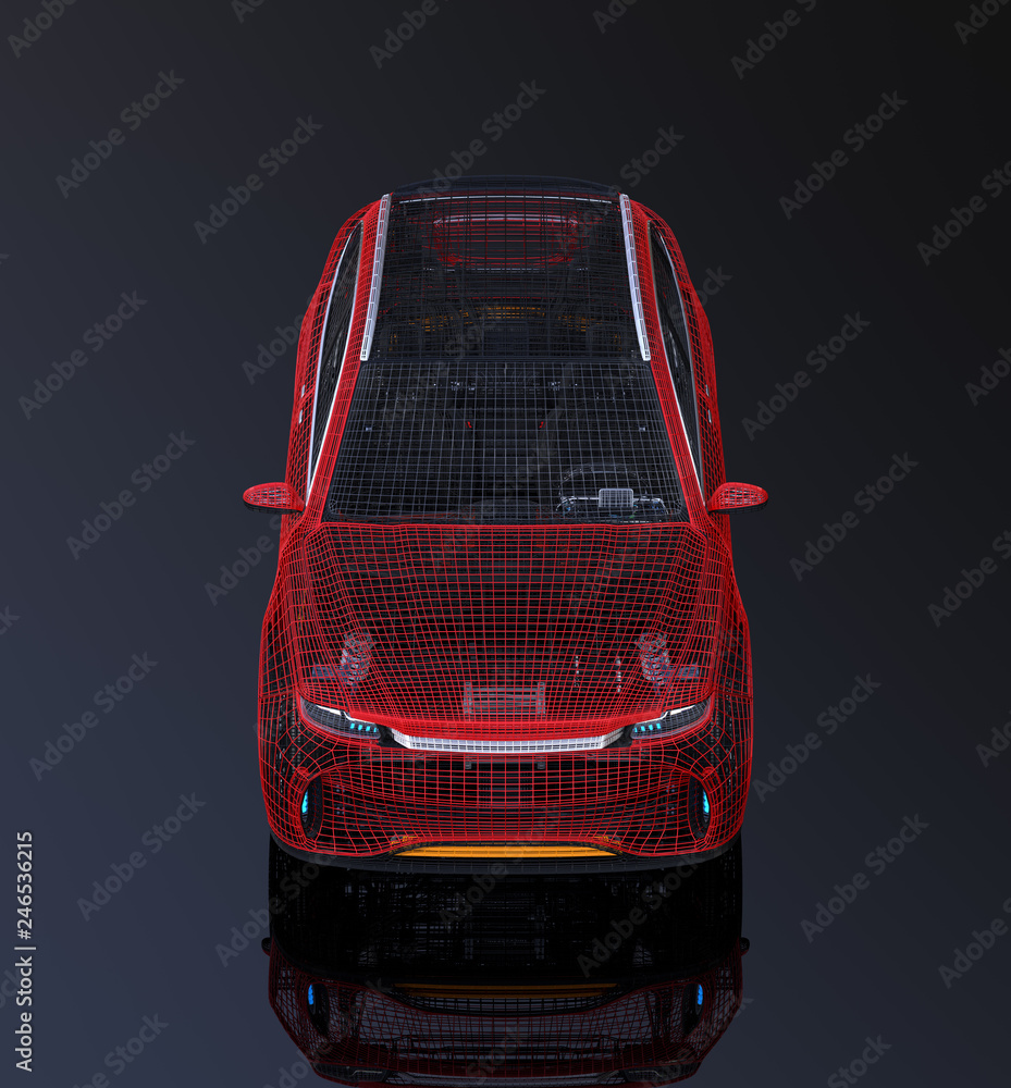 Aufkleber front view of metallic wire frame of electric suv on black background. 3d rendering image. original 