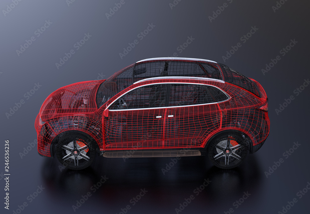 Poster side view of metallic wire frame of electric suv on black background. 3d rendering image. original d