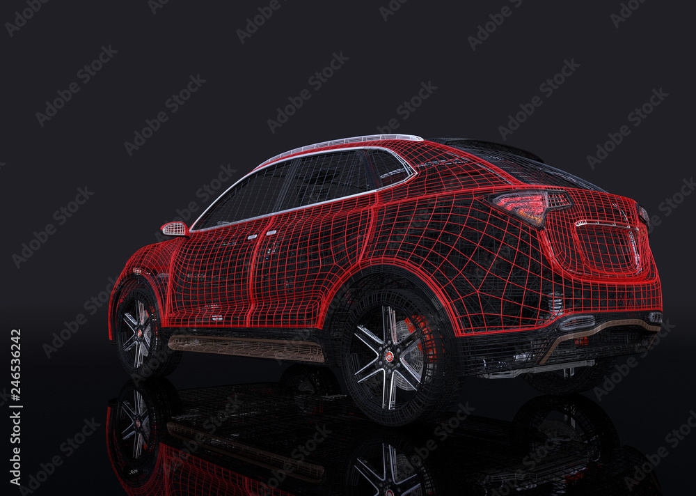 Poster rear view of metallic wire frame of electric suv on black background. 3d rendering image. original d