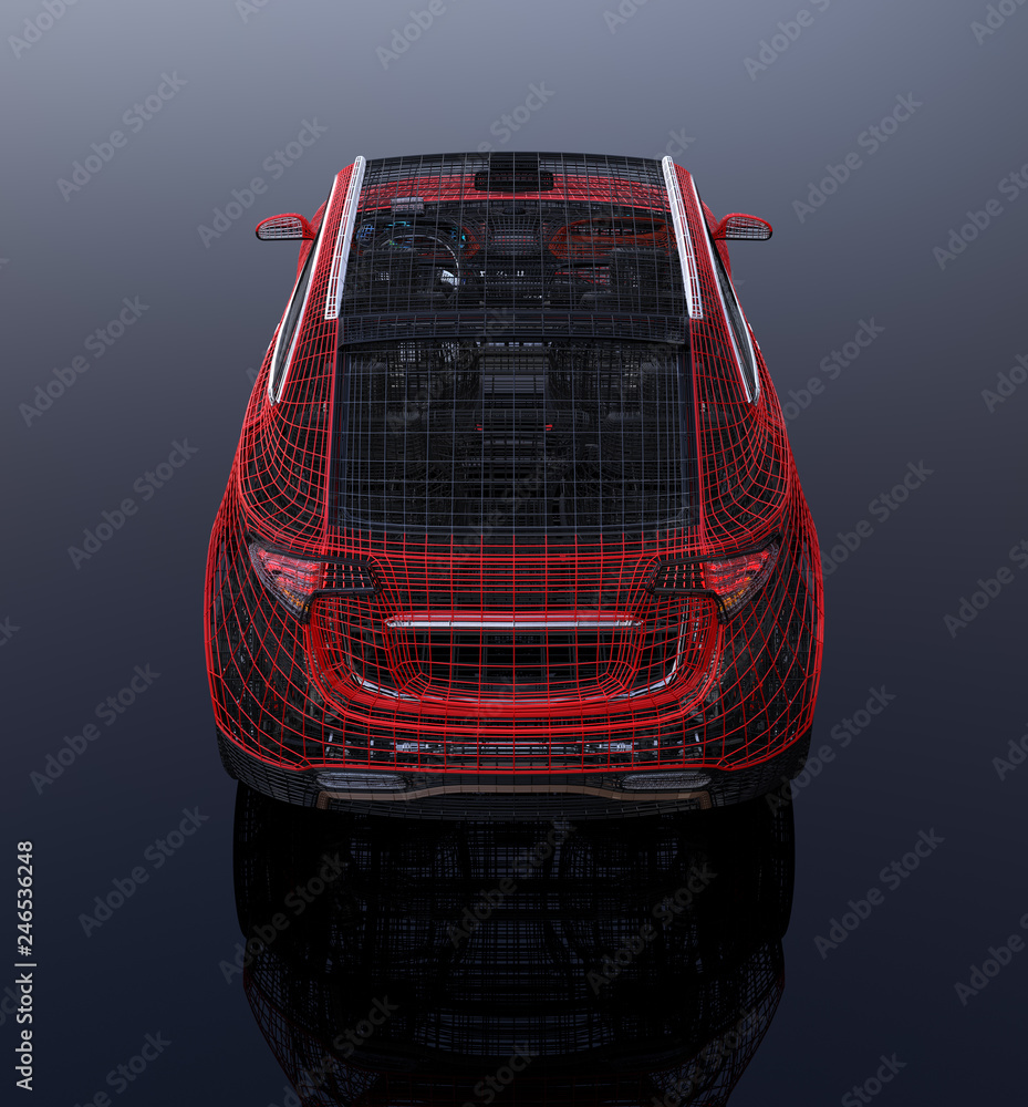 Poster rear view of metallic wire frame of electric suv on black background. 3d rendering image. original d