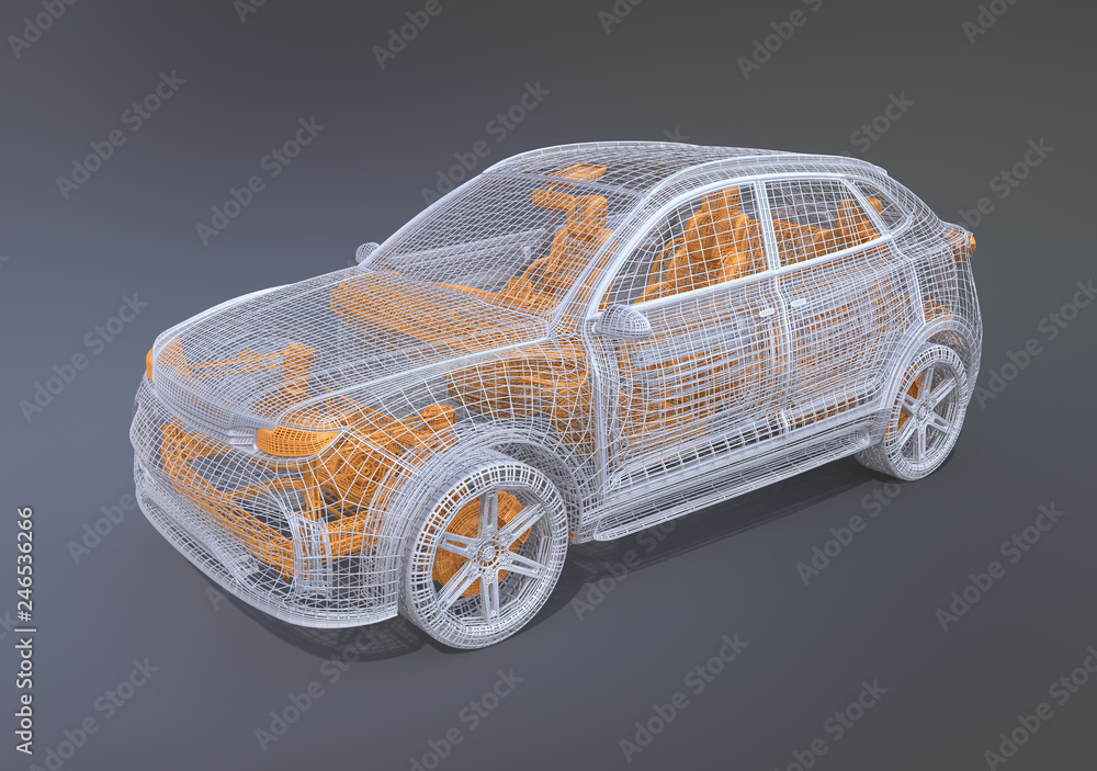 Poster silver and yellow wire frame of electric suv on gradient background. 3d rendering image.