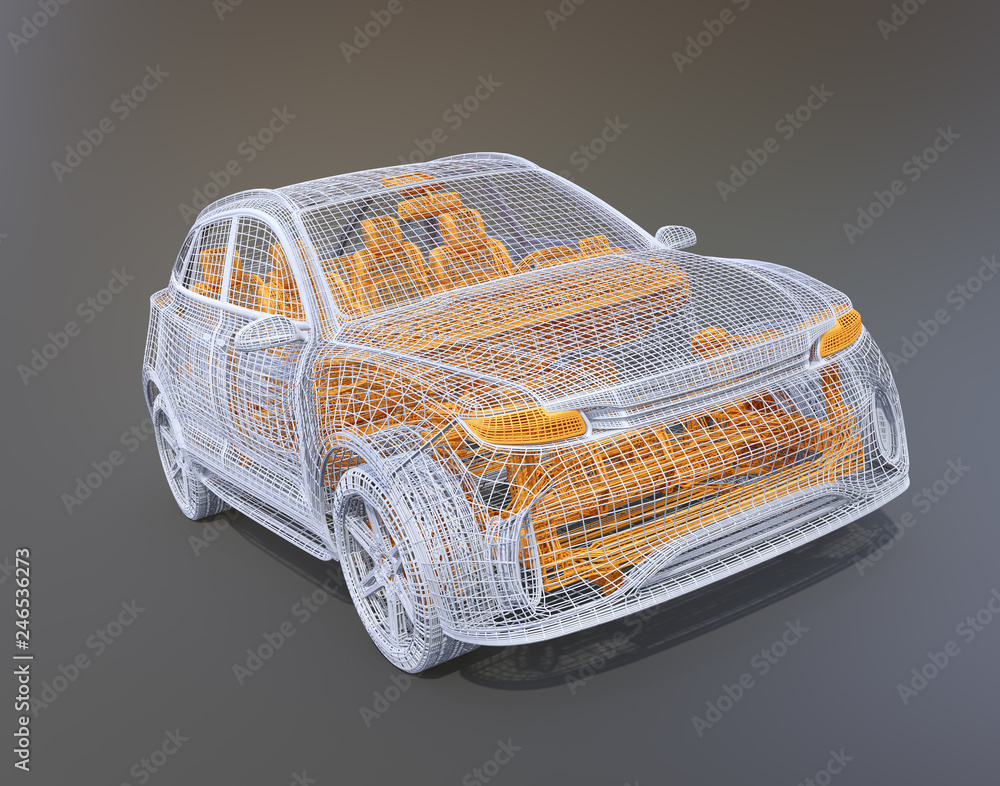 Poster silver and yellow wire frame of electric suv on gradient background. 3d rendering image.