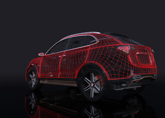 Rear view of metallic wire frame of electric SUV on black background. 3D rendering image. Original design.