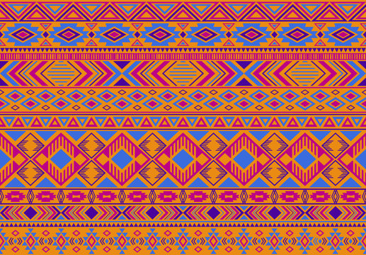 Ikat pattern tribal ethnic motifs geometric seamless vector background. Modern indian tribal motifs clothing fabric textile print traditional design with triangle and rhombus shapes.
