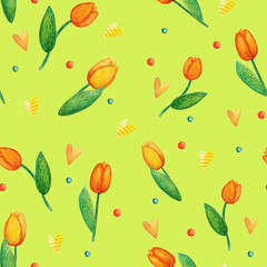 Seamless pattern with cute Easter watercolor illustrations. Tulips