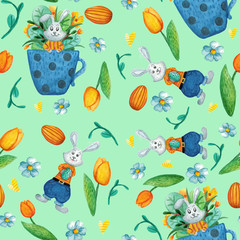 Seamless pattern with cute Easter watercolor illustrations.