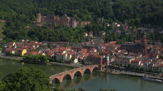 View from Philosophenweg to Heidelberg with Neckar River, Castle and Old Bridge, Heidelberg, Baden-Wurttemberg, Germany, Europe