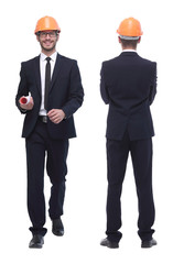 full-length .architect in orange helmet with drawings for new project.