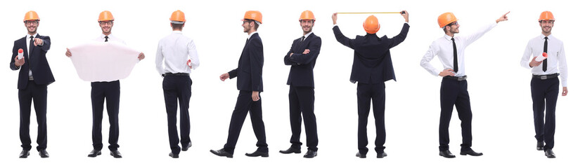 panoramic photo collage of confident architect isolated on white