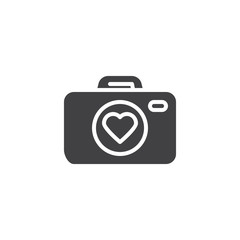 Photo camera with heart vector icon. filled flat sign for mobile concept and web design. Love story, photo camera simple solid icon. Symbol, logo illustration. Pixel perfect vector graphics