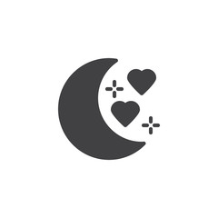 Honeymoon vector icon. filled flat sign for mobile concept and web design. Moon with hearts simple solid icon. Love symbol, logo illustration. Pixel perfect vector graphics