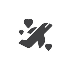 Honeymoon travel vector icon. filled flat sign for mobile concept and web design. Flying plane with hearts simple solid icon. Symbol, logo illustration. Pixel perfect vector graphics