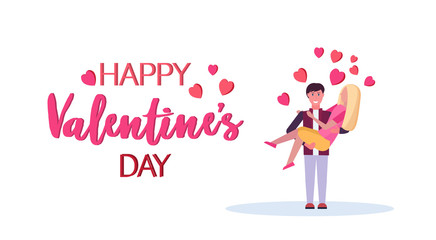 couple in love man holding on arms woman happy valentines day celebrating concept lovers having fun over red heart shapes background isolated horizontal greeting card flat
