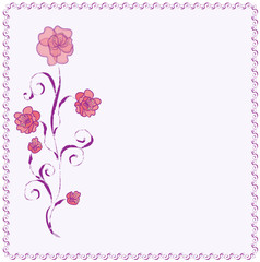 Greeting card with abstract camellia and decorative frame in lapanese style in violet,red colors
