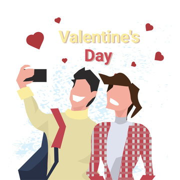couple taking selfie photo happy valentines day holiday concept man woman in love using smartphone camera over heart shapes male female cartoon characters portrait isolated