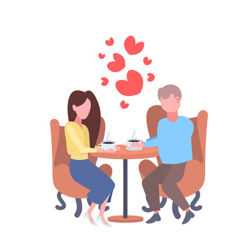 couple lovers sitting cafe table drinking coffee happy valentines day concept man woman over red heart shapes love dating male female characters full length flat isolated