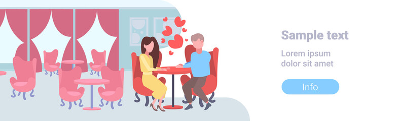 couple sitting cafe table happy valentines day concept man woman modern restaurant interior banqueting luxury hall male female characters full length flat horizontal copy space