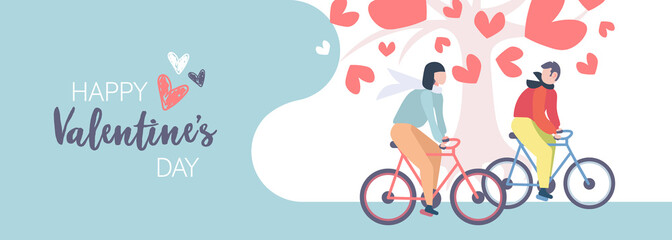 couple riding bicycle happy valentines day concept man woman cycling bikes under love tree with leaves red heart shapes greeting card horizontal banner flat
