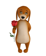 Cartoon valentines dog with a red rose in hand, isolated on white background. 3d render