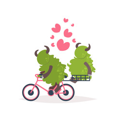 cute green monster riding bicycle carrying girlfriend happy valentines day holiday celebration concept cartoon monsters in love isolated flat