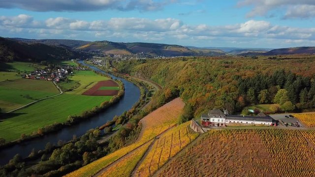 Aerial view of the vineyard estate Saarstein near Serrig, Saar River, Saar Valley near Saarburg, Rhineland-Palatinate, Germany