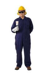 Full body portrait of a worker in Mechanic Jumpsuit is holding a paint brush isolated on white background