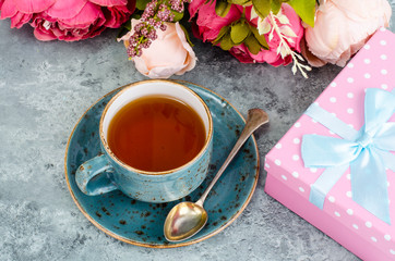 Gift, cup of tea, flowers layout, Valentine's Day card