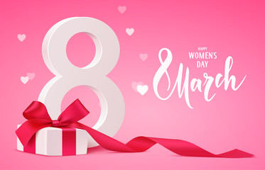 Obraz na płótnie Canvas Happy Women's Day design template. 8 march background with gift box and blur hearts. Vector illustration