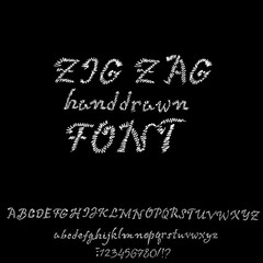 Grunge zigzag font. White hand drawn script. Vector illustration.