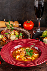 Concept of French cuisine. Laid table in a restaurant for a celebration of different dishes. background image. copy space