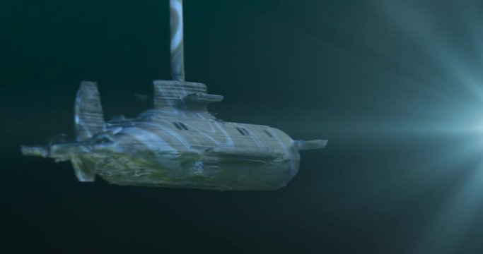 Submarine Launching Torpedos. Model Submarine Under Water. Macro. 4K.

