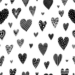 Cute black seamless pattern of decorative hearts for Valentine's day. Can be used for wallpaper, textile, invitation card, wrapping, web page background.