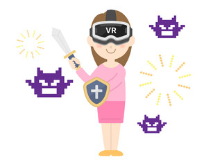 VRゴーグルを装着してゲームをする女性のイラスト