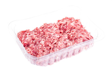 Raw minced meat in plastic packaging