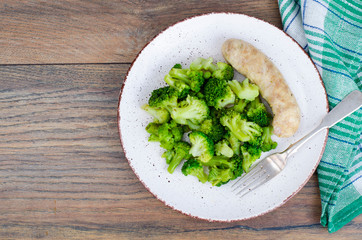Boiled broccoli with sausage